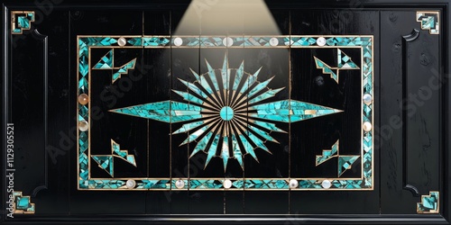 Modern Turquoise Sunburst Inlay Black Wood Console Table photo