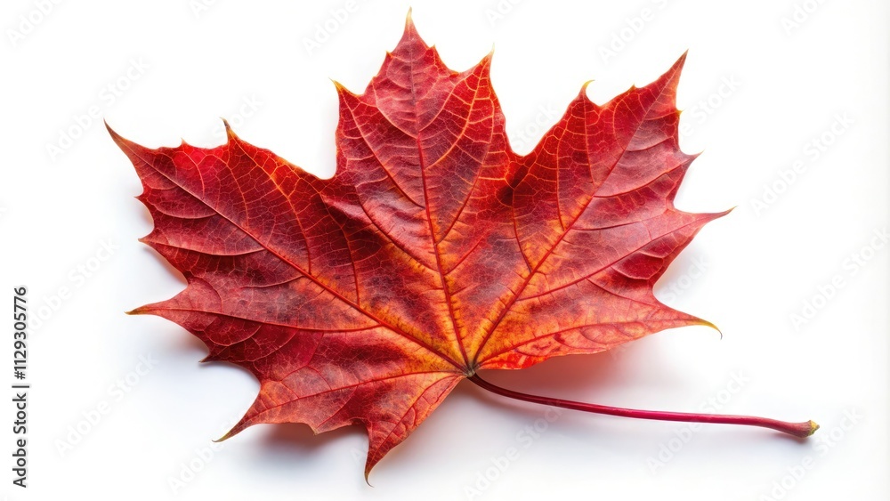 A vibrant red maple leaf, crisply detailed, stands alone against a pure white backdrop; a macro study of autumn's beauty. A vibrant red maple leaf, crisply detailed, stands alone against a pure white backdrop; a macro study of autumn's beauty.