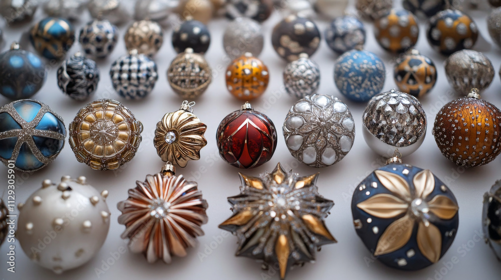 Each ornament is arranged neatly on a white surface, with intricate patterns and sparkling details visible. 