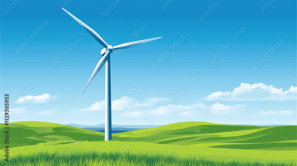 Scenic landscape featuring a tall wind turbine set against a clear blue sky and vibrant green hills representing renewable energy and sustainable living Scenic landscape featuring a tall wind turbine set against a clear blue sky and vibrant green hills representing renewable energy and sustainable living
