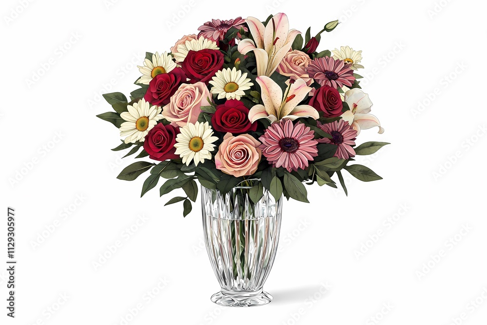 Obraz premium Colorful Flower Bouquet with Roses and Lilies in Crystal Vase