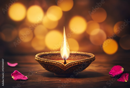 Illuminated diya on a wooden table during diwali in India