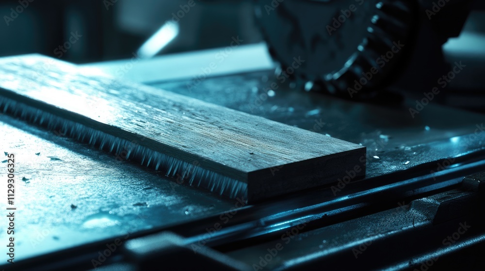 Precision Cutting: A Wooden Plank Positioned on a Table Saw in a Carpenter's Workshop Precision Cutting: A Wooden Plank Positioned on a Table Saw in a Carpenter's Workshop
