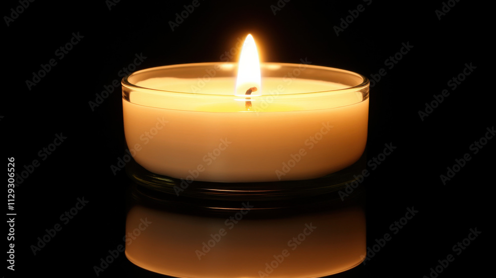 Tranquil and Warm Candle Burning in a Glass Holder Creating a Cozy Atmosphere with Soft Glow and Reflective Surface in a Dark Background Tranquil and Warm Candle Burning in a Glass Holder Creating a Cozy Atmosphere with Soft Glow and Reflective Surface in a Dark Background