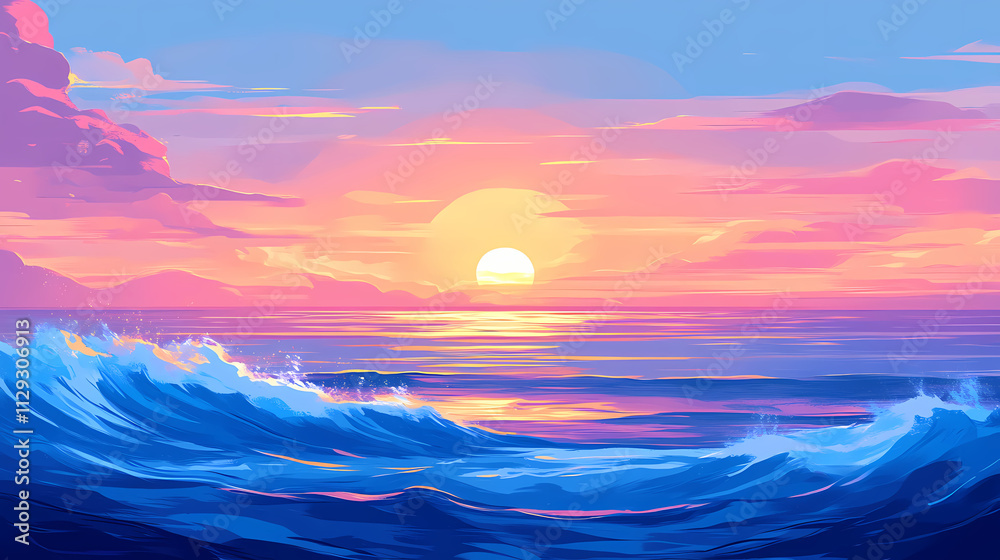 Fototapeta premium Endless horizon of the vast blue ocean during sunrise. Horizon. Illustration
