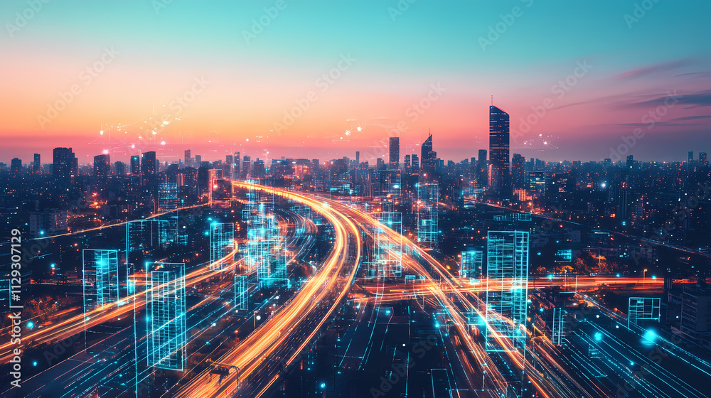 Futuristic city at dusk, with glowing skyscrapers and cutting-edge transportation systems crisscrossing the horizon. Horizon. Illustration