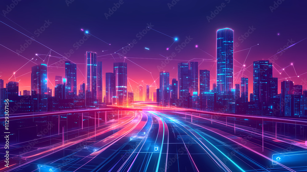 Futuristic city at dusk, with glowing skyscrapers and cutting-edge transportation systems crisscrossing the horizon. Horizon. Illustration Futuristic city at dusk, with glowing skyscrapers and cutting-edge transportation systems crisscrossing the horizon. Horizon. Illustration