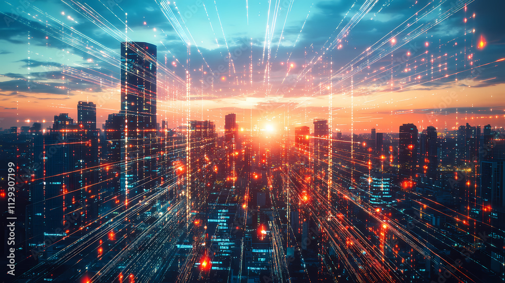 Futuristic city at dusk, with glowing skyscrapers and cutting-edge transportation systems crisscrossing the horizon. Horizon. Illustration