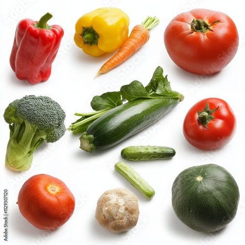 Fresh colorful vegetables arranged on white background.