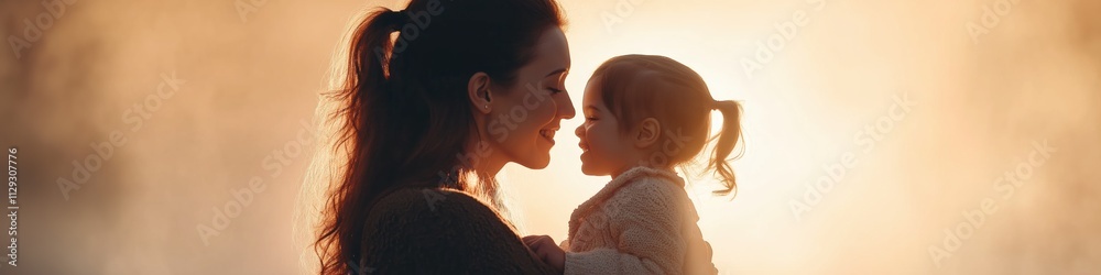 A woman is holding a small child. The woman is smiling and the child is looking up at her. Scene is warm and loving A woman is holding a small child. The woman is smiling and the child is looking up at her. Scene is warm and loving