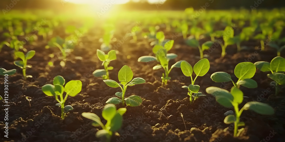 Sunset over cultivated farmland showcasing rows of vibrant green seedlings, symbolizing sustainable growth and agricultural progress . high quality image Sunset over cultivated farmland showcasing rows of vibrant green seedlings, symbolizing sustainable growth and agricultural progress . high quality image