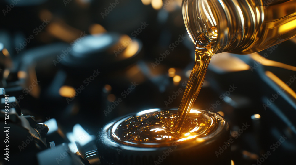 Close-up of Engine Oil Pouring from a Bottle into a Car Engine, Highlighting the Viscosity and Color of the Liquid in a Mechanical Setting Close-up of Engine Oil Pouring from a Bottle into a Car Engine, Highlighting the Viscosity and Color of the Liquid in a Mechanical Setting