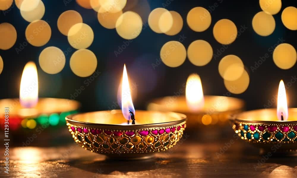 Illuminated diyas with bokeh lights. Illuminated diyas with bokeh lights.