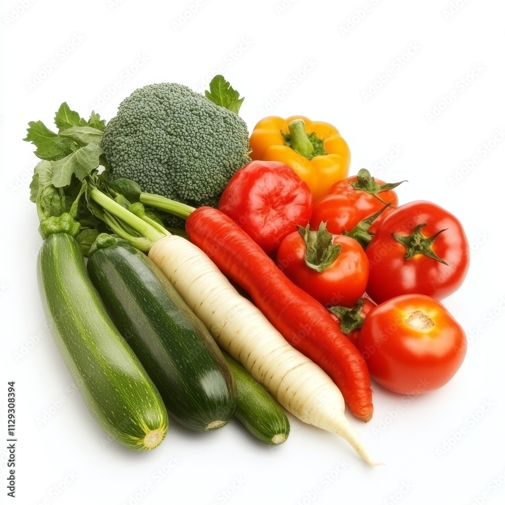 Fresh vegetables including broccoli, peppers, tomatoes, zucchini, and radish on white background. Fresh vegetables including broccoli, peppers, tomatoes, zucchini, and radish on white background.