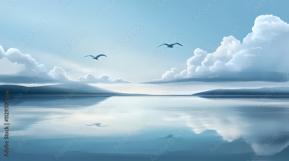 In the water with smooth blurred water in foreground and slim piece of land on horizon with white puffy clouds and sea birds. Horizon. Illustration In the water with smooth blurred water in foreground and slim piece of land on horizon with white puffy clouds and sea birds. Horizon. Illustration