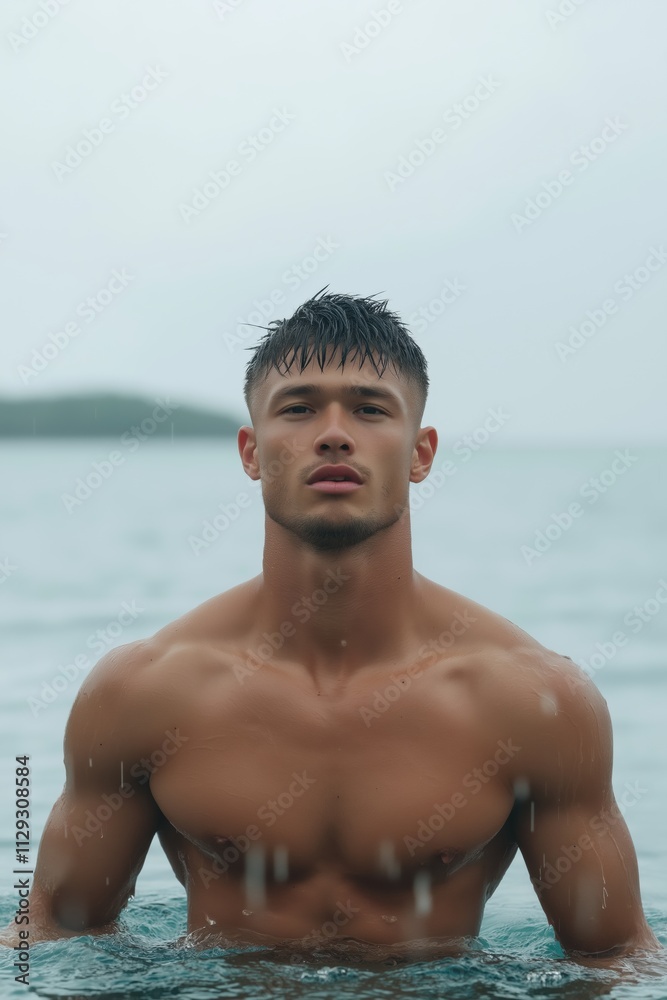 A man is in the water with his head above the surface. He is wearing no shirt and he is enjoying himself A man is in the water with his head above the surface. He is wearing no shirt and he is enjoying himself