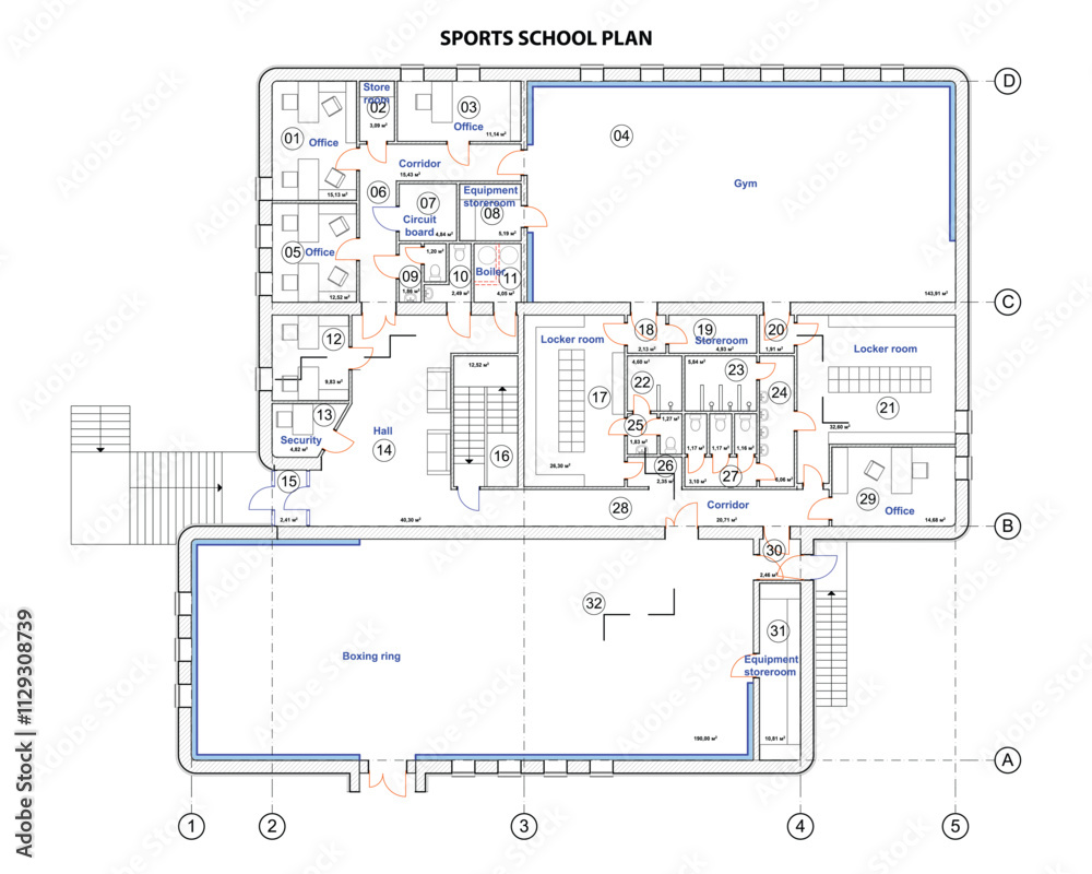 Vector architectural project of a sports school floor plan