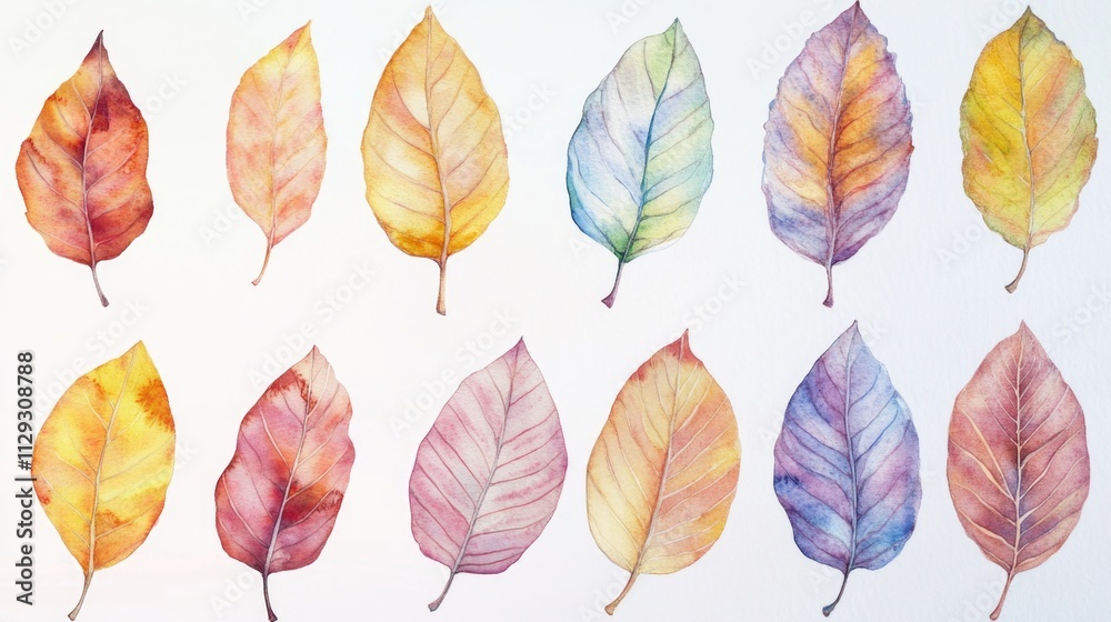 A collection of colorful leaves on a plain white background A collection of colorful leaves on a plain white background