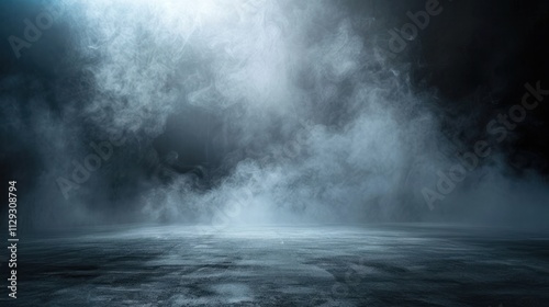 space of Studio dark room with spot lighting and fog or mist on concrete floor and lighting black blue mist