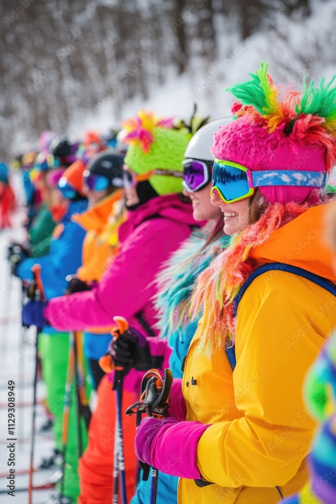 Group of skiers enjoying winter day on snow-covered mountains, suitable for travel or outdoor adventure images