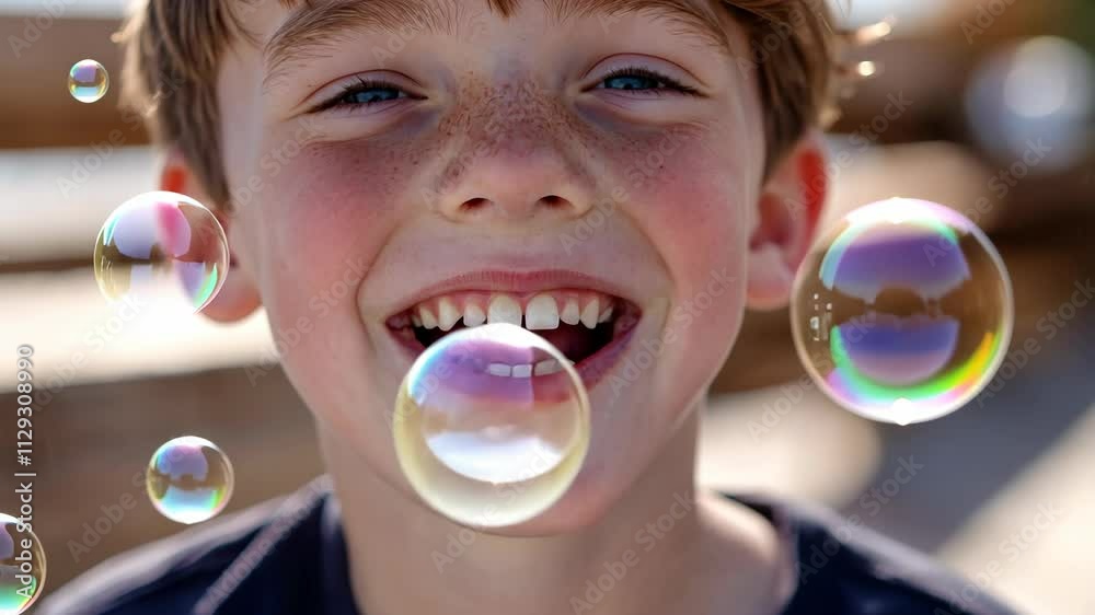 Child joyfully smiles while playing with bubbles during sunny outdoor activity at a park