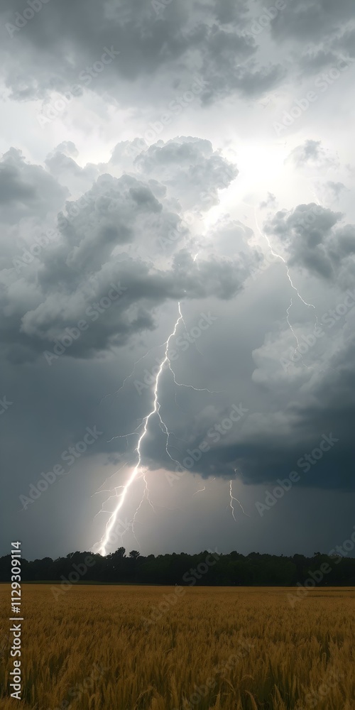 A dramatic illustration of lightning illuminating dark rain clouds over a golden wheat field during a summer storm A dramatic illustration of lightning illuminating dark rain clouds over a golden wheat field during a summer storm