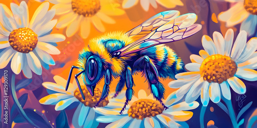 Vibrant bee pollinating daisy flowers, celebrating the importance of bees in environmental conservation . high quality image