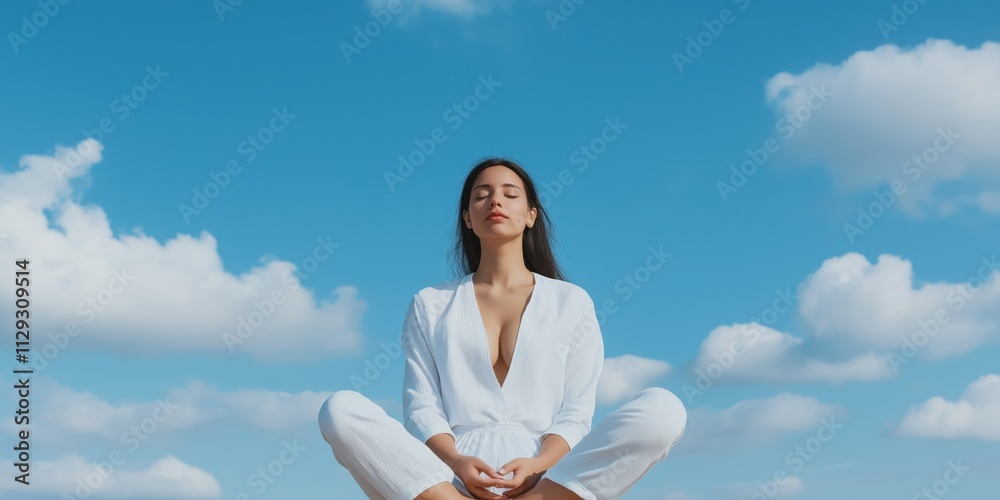 A woman is sitting on the ground with her legs crossed and her hands on her knees. She is wearing a white outfit and she is in a relaxed and peaceful state. The sky above her is filled with clouds A woman is sitting on the ground with her legs crossed and her hands on her knees. She is wearing a white outfit and she is in a relaxed and peaceful state. The sky above her is filled with clouds
