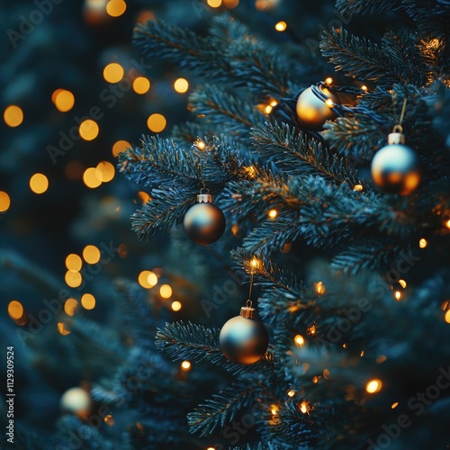 Close up shot of a decorated Christmas tree with colorful lights in the background