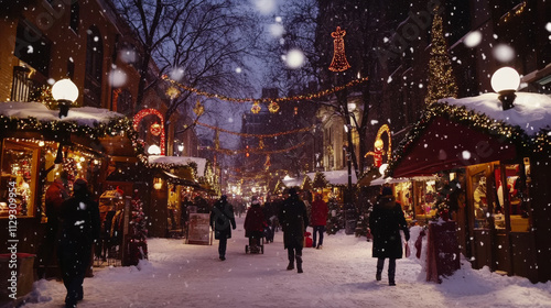 The scene is cheerful and lively, with snowflakes falling gently to complete the Christmas vibe.