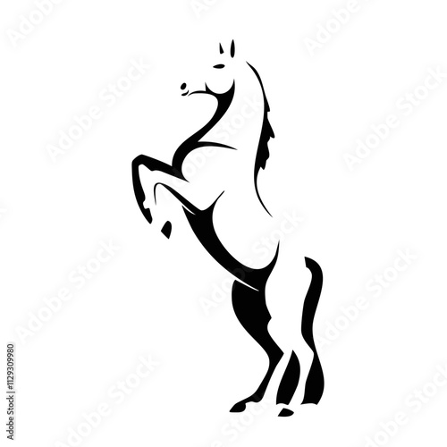 Rearing horse depicted in a minimalist black and white silhouette style, showcasing strength and elegance photo