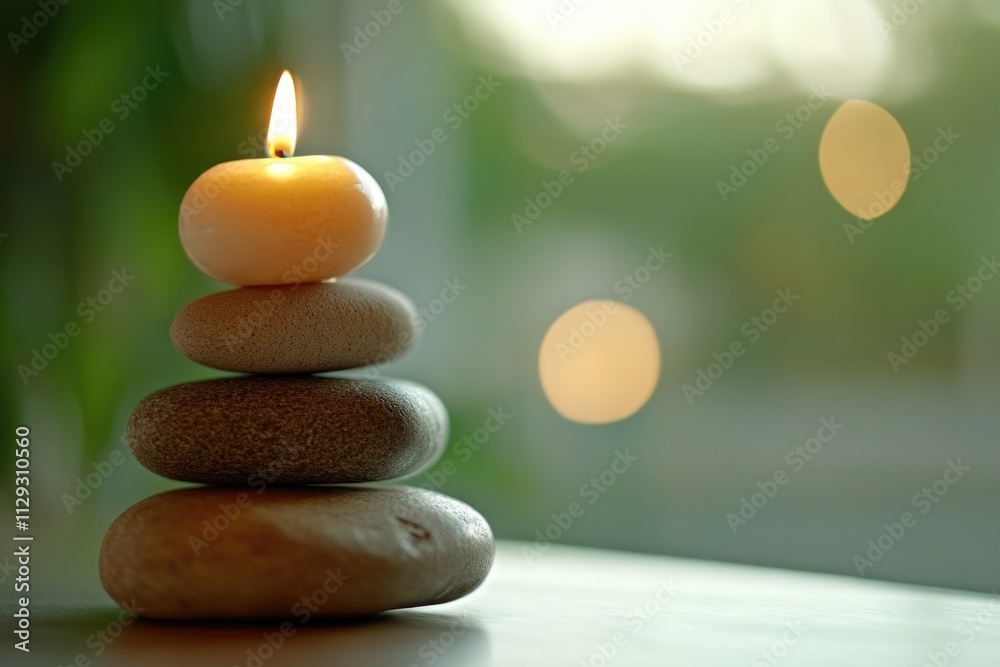 A single lit candle sits atop a pile of rocks, illuminated by its warm glow A single lit candle sits atop a pile of rocks, illuminated by its warm glow