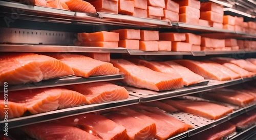 Fresh salmon fillets and blocks neatly stacked on shelves in a refrigerated display.