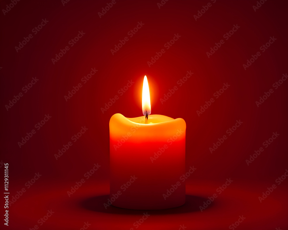 single glowing candle with a soft flickering flame, isolated on a deep red background