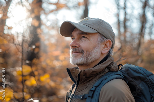 Senior man with beard hiking outdoors in autumn forest. Mature male in warm sportswear and hat backpacking on the nature. photo