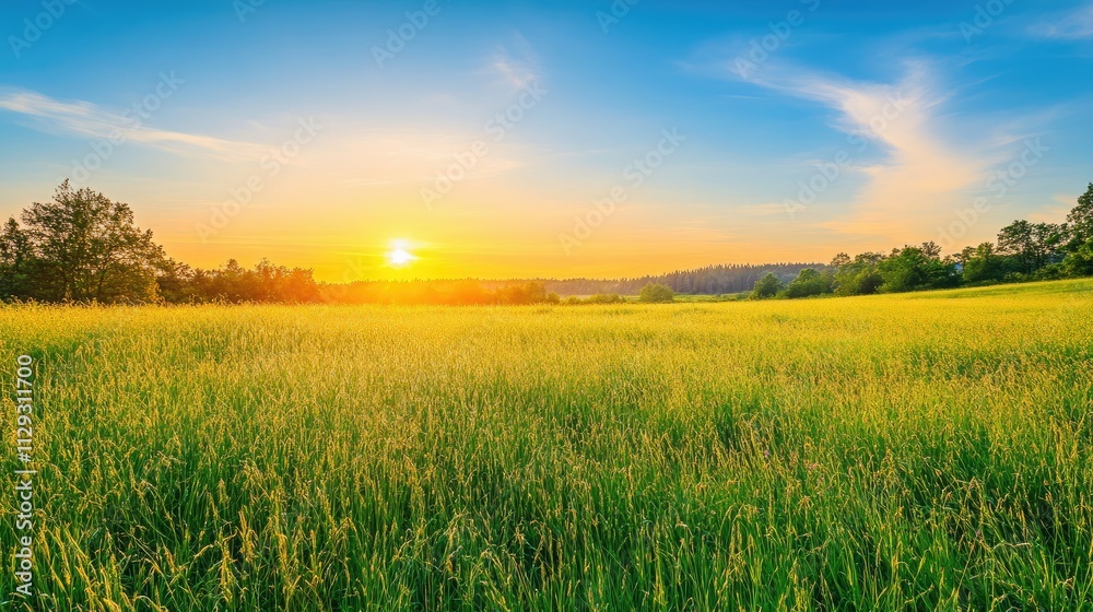 Tall flowering grass on green meadow at sunrise or sunset Tall flowering grass on green meadow at sunrise or sunset