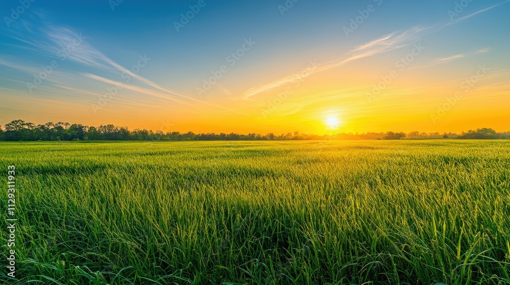 Tall flowering grass on green meadow at sunrise or sunset