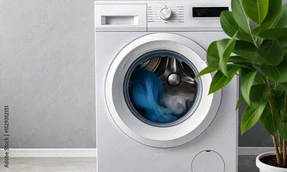 A modern washing machine full of clean laundry sits in a stylish home laundry space, showcasing a minimalist design and fresh linens