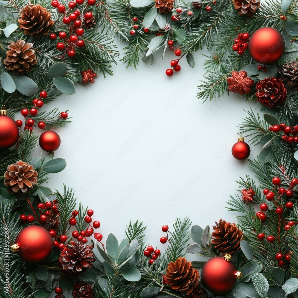A festive Christmas wreath decorated with pine cones and red balls, perfect for holiday decorations or gift wrapping A festive Christmas wreath decorated with pine cones and red balls, perfect for holiday decorations or gift wrapping
