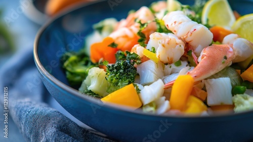 Fresh seafood salad with shrimp, broccoli, and carrots in a blue bowl
