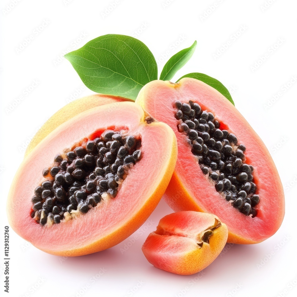 Ripe papaya halves with seeds and leaves isolated on white. Ripe papaya halves with seeds and leaves isolated on white.