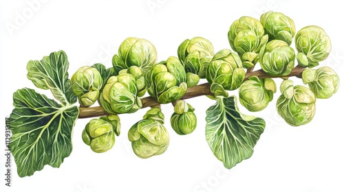 Fresh Brussels Sprouts Branch Watercolor Painting Green Vegetables Food Illustration Healthy Eating
