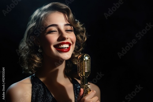 Elegant Female Vocalist Smiling with Vintage Microphone Against Black Background