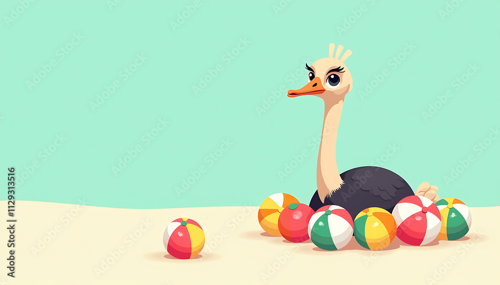 Obraz premium Cartoon ostrich surrounded by beach balls on a sandy shore