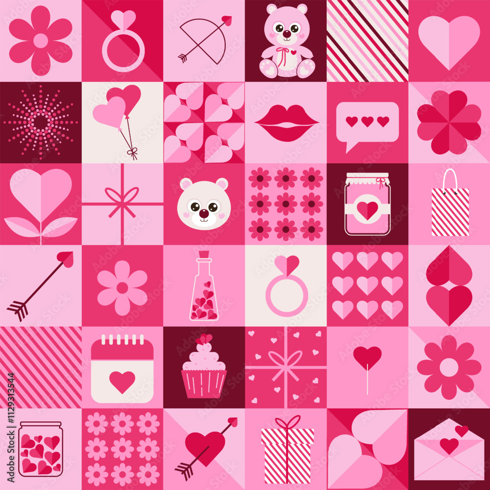Happy Valentine's Day seamless pattern with holiday icons in modern geometric style. Trendy design for wrapping paper, textile, fabric, background, wallpaper. Happy Valentine's Day seamless pattern with holiday icons in modern geometric style. Trendy design for wrapping paper, textile, fabric, background, wallpaper.
