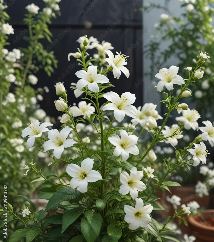 Fototapeta premium Scenic view of white flowers thriving on a chili plant, fertile soil, sustainable farming, agricultural background, plantation management, natural beauty