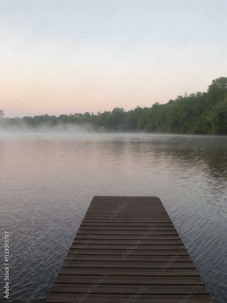 Fototapeta premium A peaceful evening view of a wooden dock on a misty lake, with soft ripples reflecting a pastel sunset.