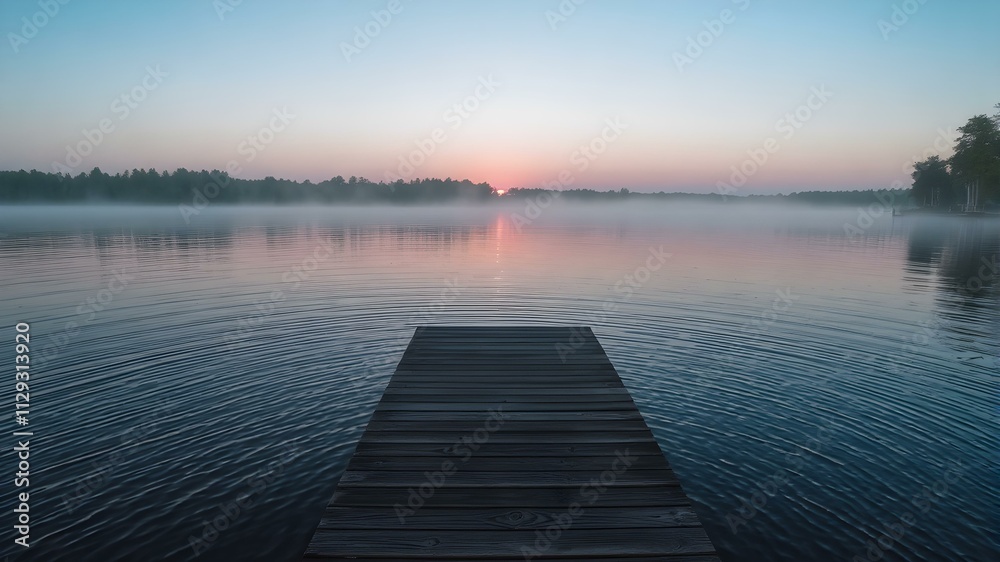 A peaceful evening view of a wooden dock on a misty lake, with soft ripples reflecting a pastel sunset. A peaceful evening view of a wooden dock on a misty lake, with soft ripples reflecting a pastel sunset.