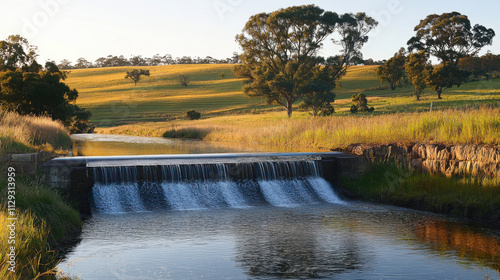 Serene Waterfall Flowing Over a Millstone Weir in a Picturesque Landscape Surrounded by Rolling Green Hills and Golden Fields Under a Clear Blue Sky