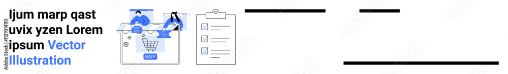 People interacting around a clipboard and a shopping cart icon with items for online purchase. Ideal for e-commerce, project management, task list creation, teamwork, online services, business